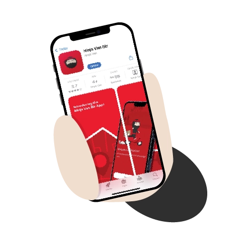 an image of a hand holding a mobile phone showing the Ninja Van Biz app's landing page on the Apple app store.